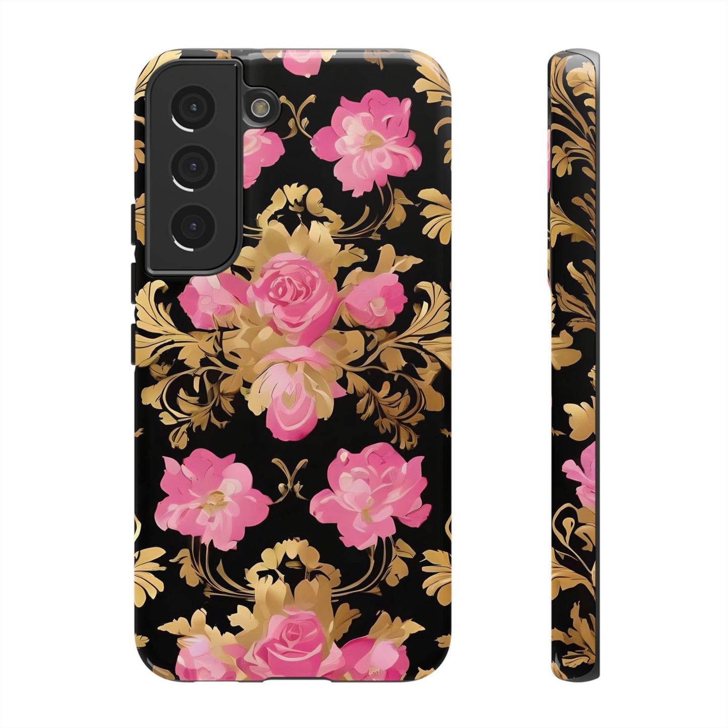 Elegant Floral Motif Phone Case - Tough Cases with Vintage Design - Pink & Gold Roses