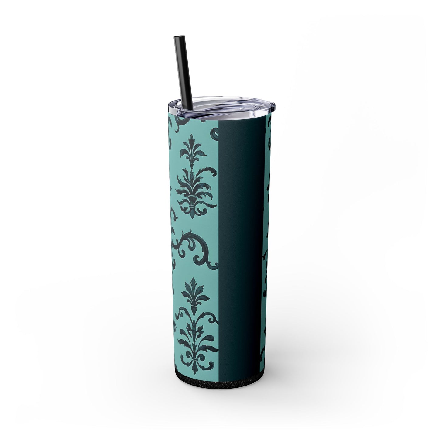 Elegant Floral Skinny Tumbler with Straw, 20oz, Personalized Drinkware, Stylish Travel Mug, Great Gift for Her - Teal Striped Rococo