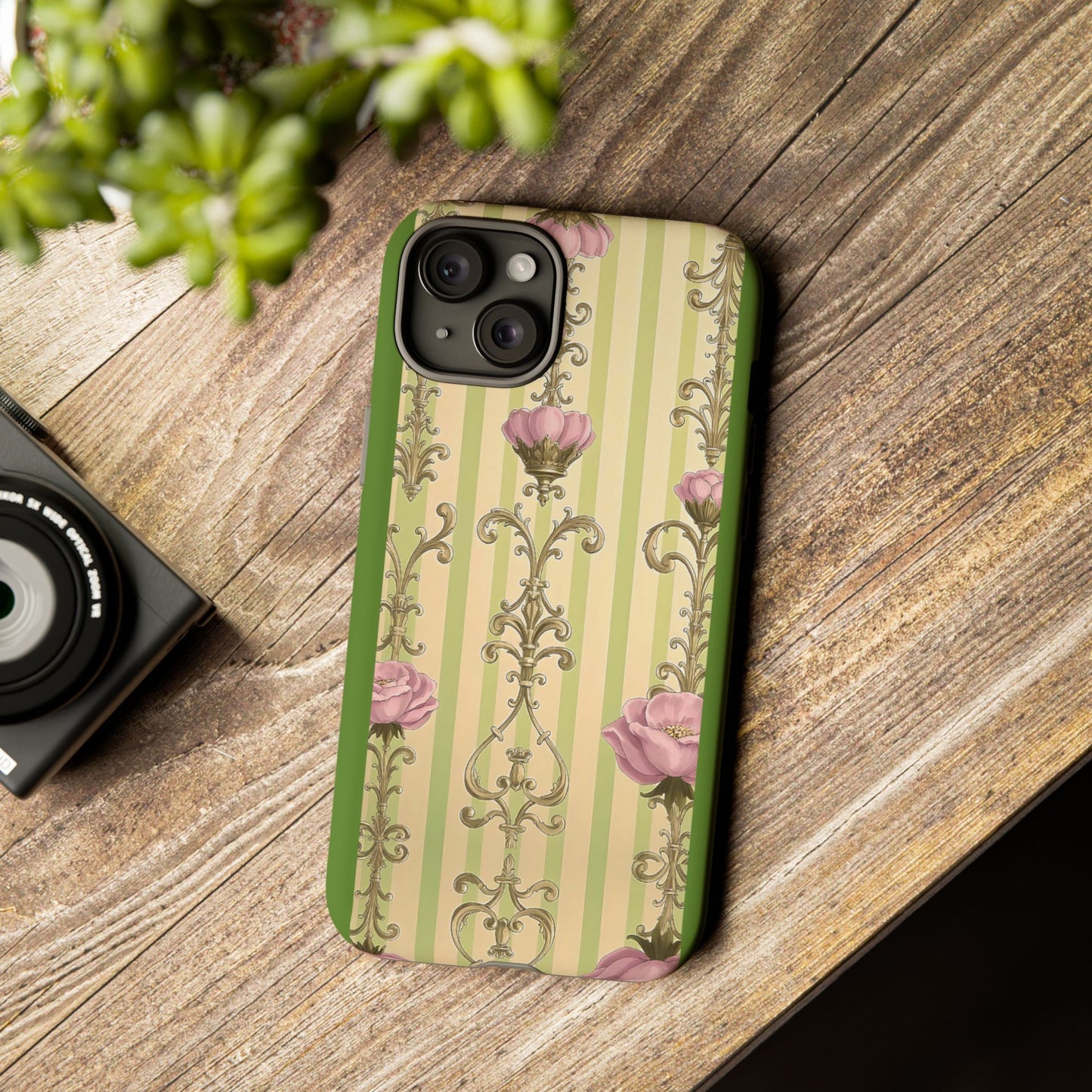 Elegant Floral Motif Phone Case - Tough Cases with Vintage Design - Lime Green & Pink Striped Damask