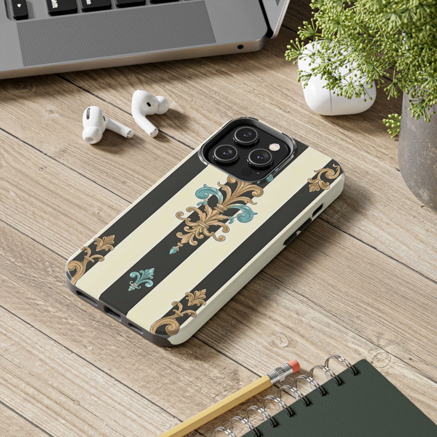 Elegant Vintage Tough Phone Cases, Stylish Phone Accessories, Quality Protection, Gifts for Her - Black Striped Turquoise & Black Rococo