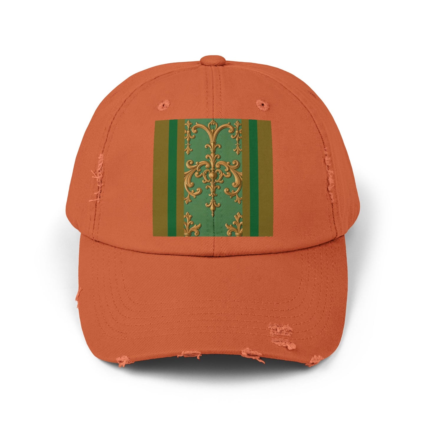 Stylish Unisex Distressed Cap with Unique Floral Design, Trending Accessory for Men and Women - Olive Green Striped Rococo