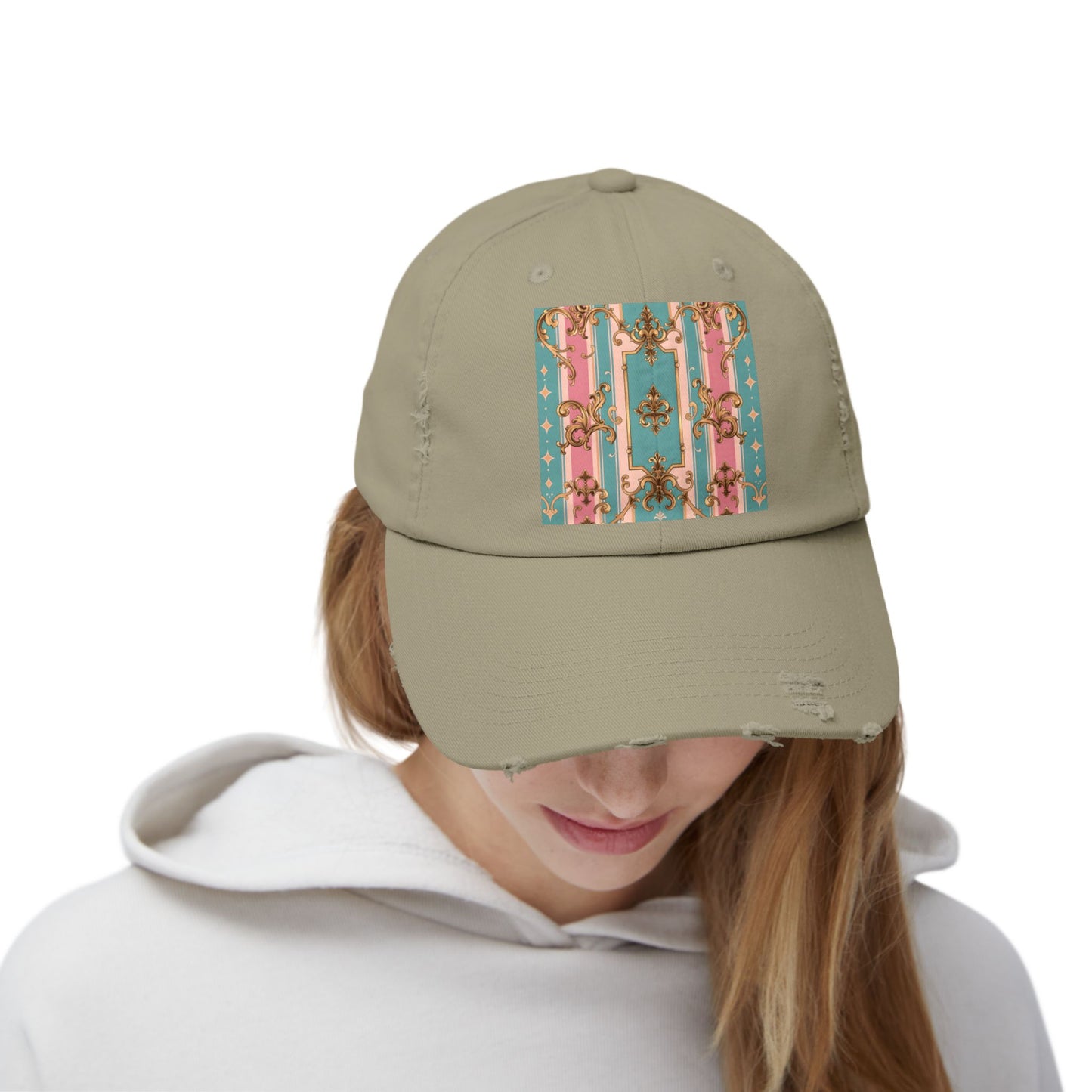 Stylish Unisex Distressed Cap with Floral Pattern, Casual Hat, Trendy Headwear, Summer Accessory - Pink & Matte Turquoise Striped Rococo