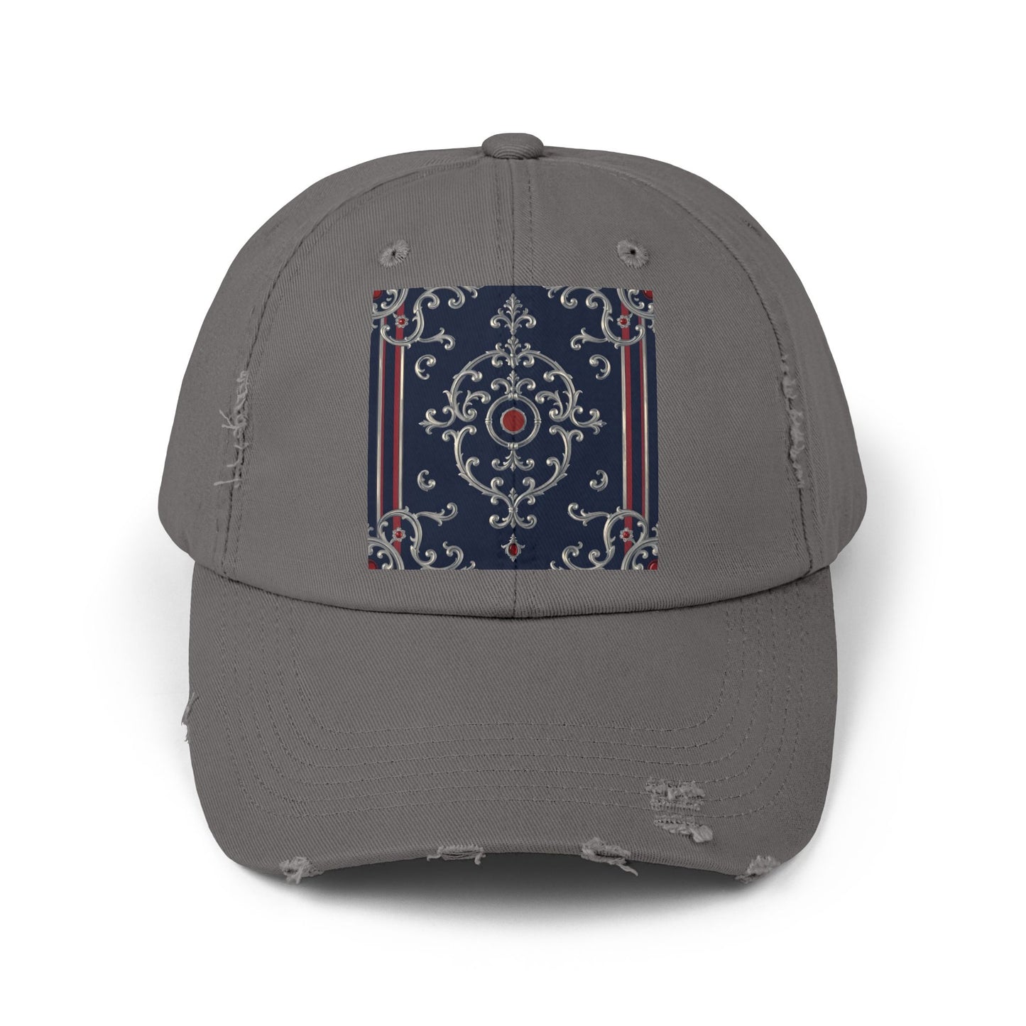 Stylish Unisex Distressed Cap with Ornate Design, Casual Hat for Outdoor Adventures, Beach Days - Blue & Red Silver Baroque