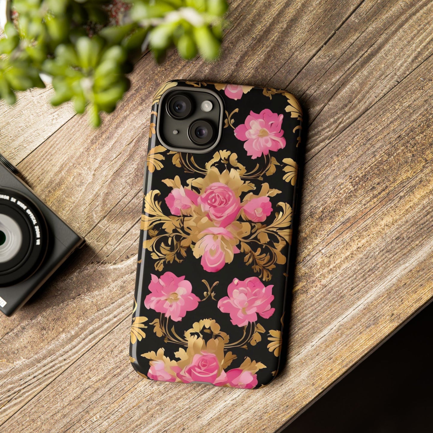 Elegant Floral Motif Phone Case - Tough Cases with Vintage Design - Pink & Gold Roses
