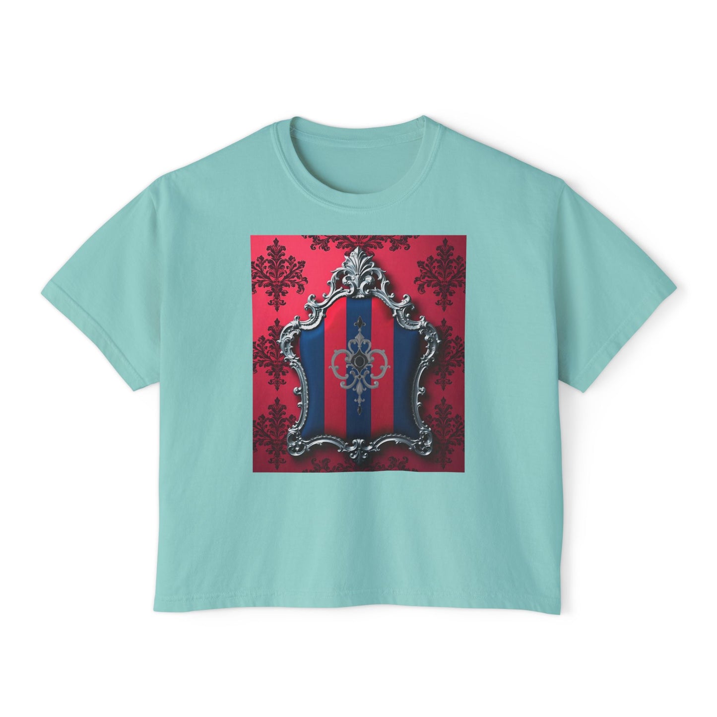 Vintage-Inspired Women's Boxy Tee, Retro Graphic Top, Casual Summer Shirt, Trendy Fashion Tee, Gift for Her - Blue & Red Striped Silver Crest