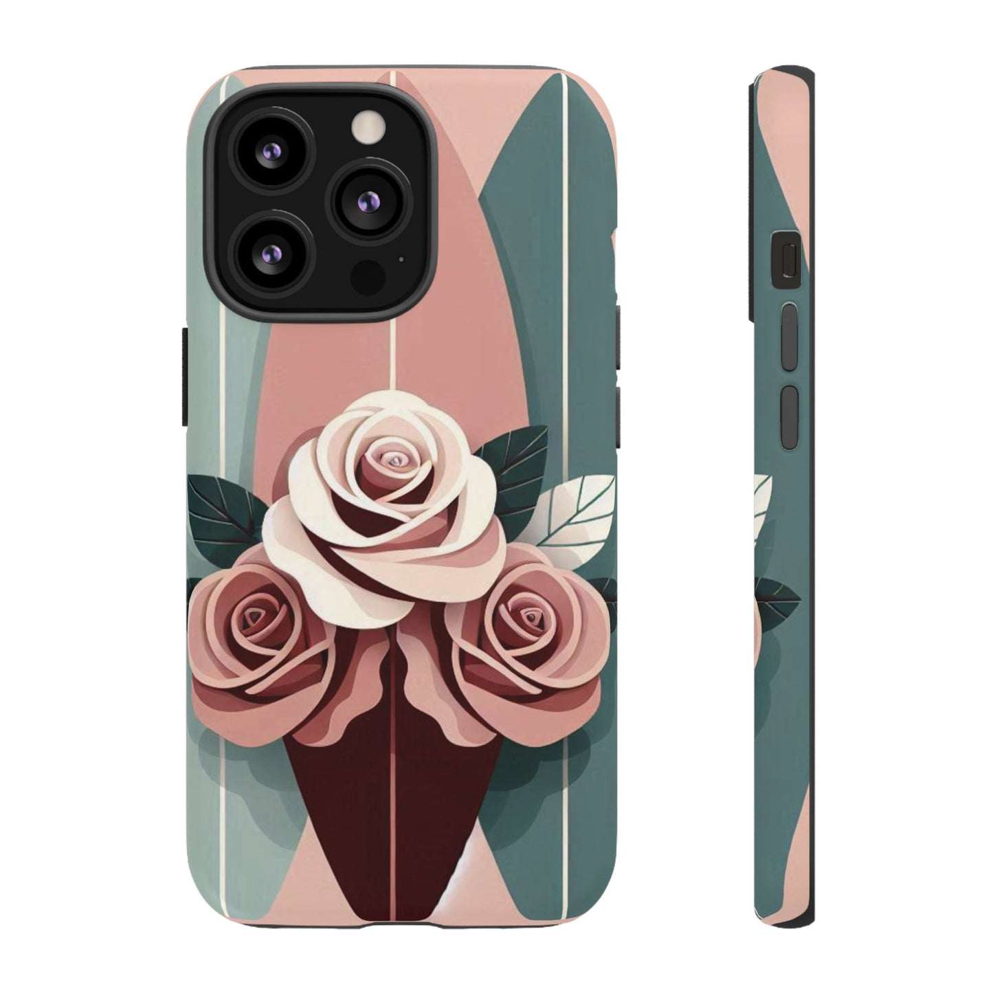 Phone Case - Burgundy, Matte Mauve & Teal Surfboard & Roses Design