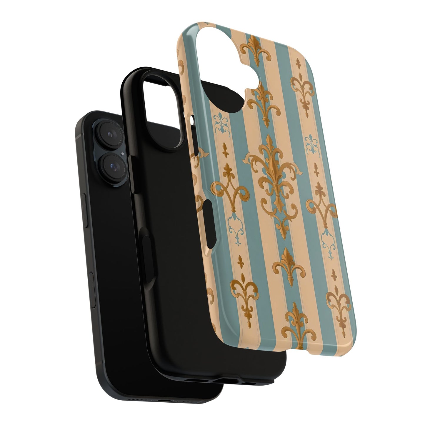 Elegant Floral Motif Phone Case - Tough Cases with Vintage Design -  Beige & Sky Blue Striped Gold Damask