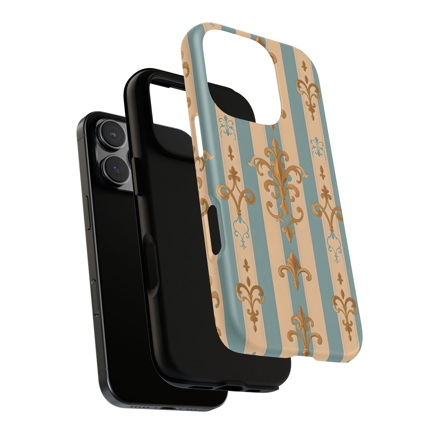 Elegant Floral Motif Phone Case - Tough Cases with Vintage Design -  Beige & Sky Blue Striped Gold Damask
