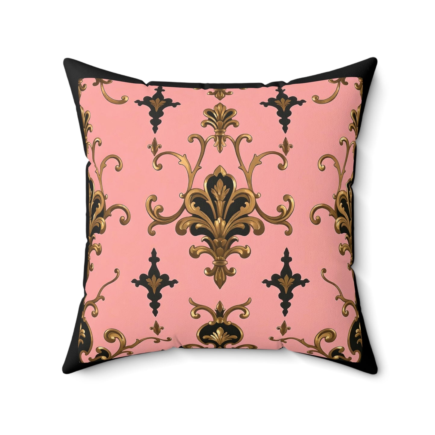 Elegant Faux Suede Pillow with Gold Baroque Design, Decorative Cushion for Home Decor, Throw Pillow - Pink, Black & Gold Rococo