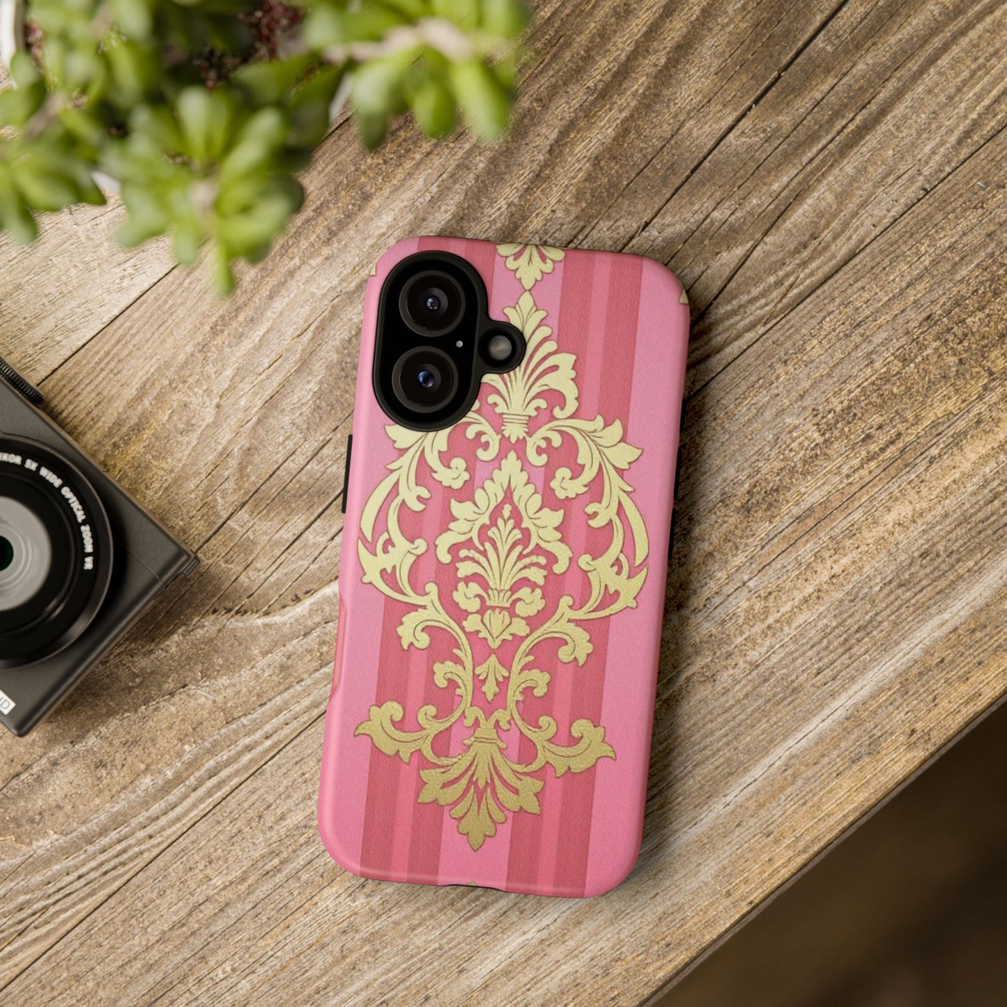 Elegant Floral Motif Phone Case - Tough Cases with Vintage Design - Pink Striped Damask