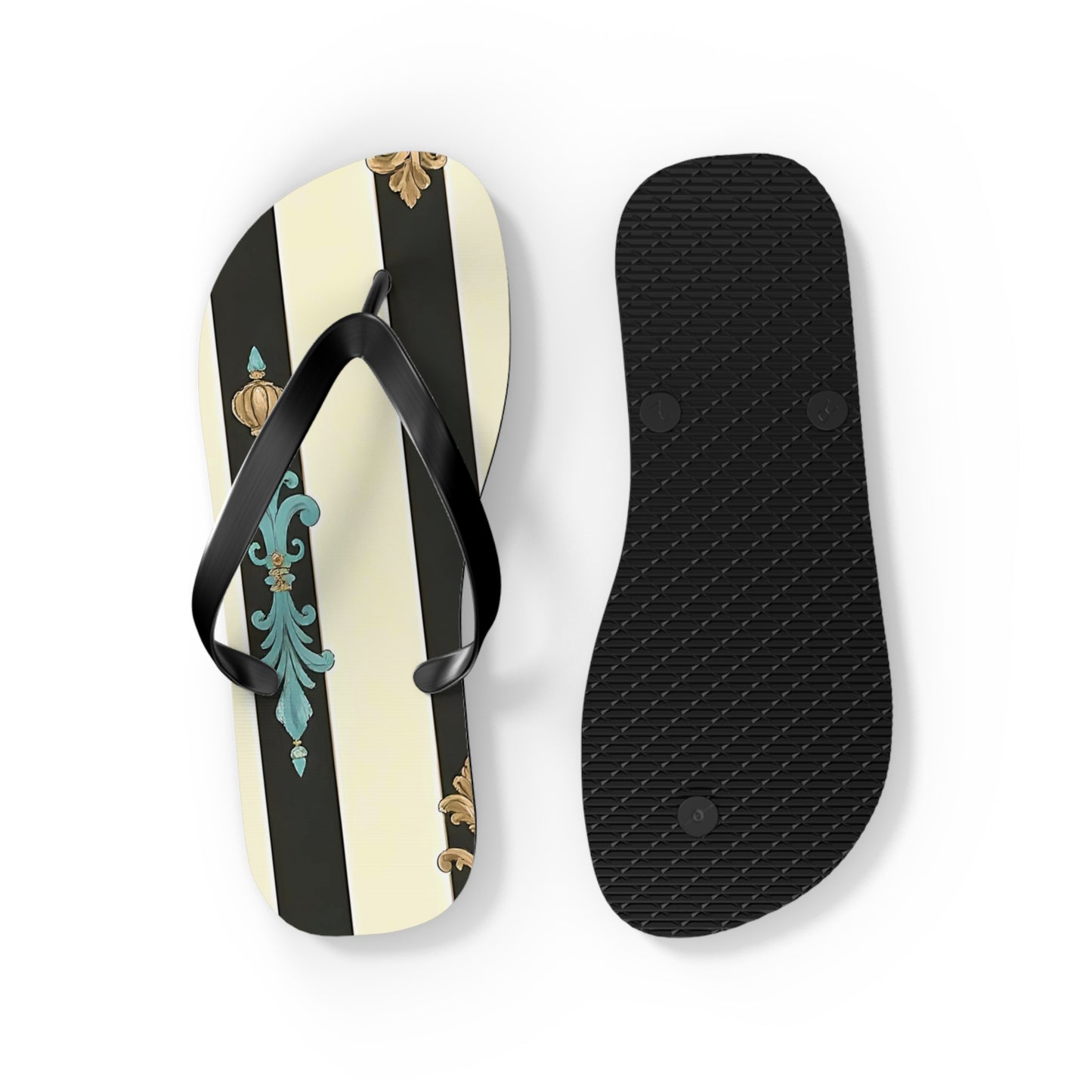 Stylish Flip Flops | Beach Sandals, Summer Footwear, Vacation Getaway, Casual Summer Style - Black Striped Turquoise & Black Rococo
