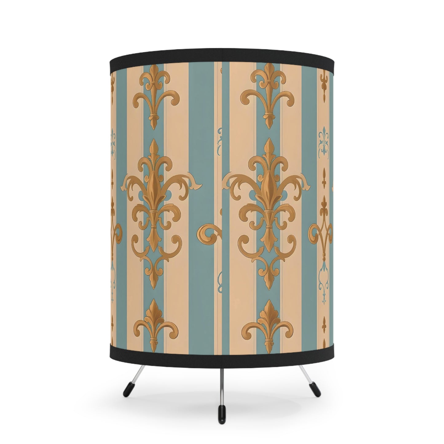 Elegant Tripod Lamp with Vintage Floral Print Shade - High-Res Home Accent - Beige & Sky Blue Striped Gold Damask