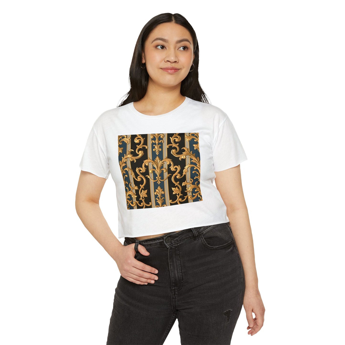 Women’s Festival Crop Top with Stylish Floral Pattern - Summer Outfit, Boho Chic, Concert Wear - Blue & Black Striped Rococo