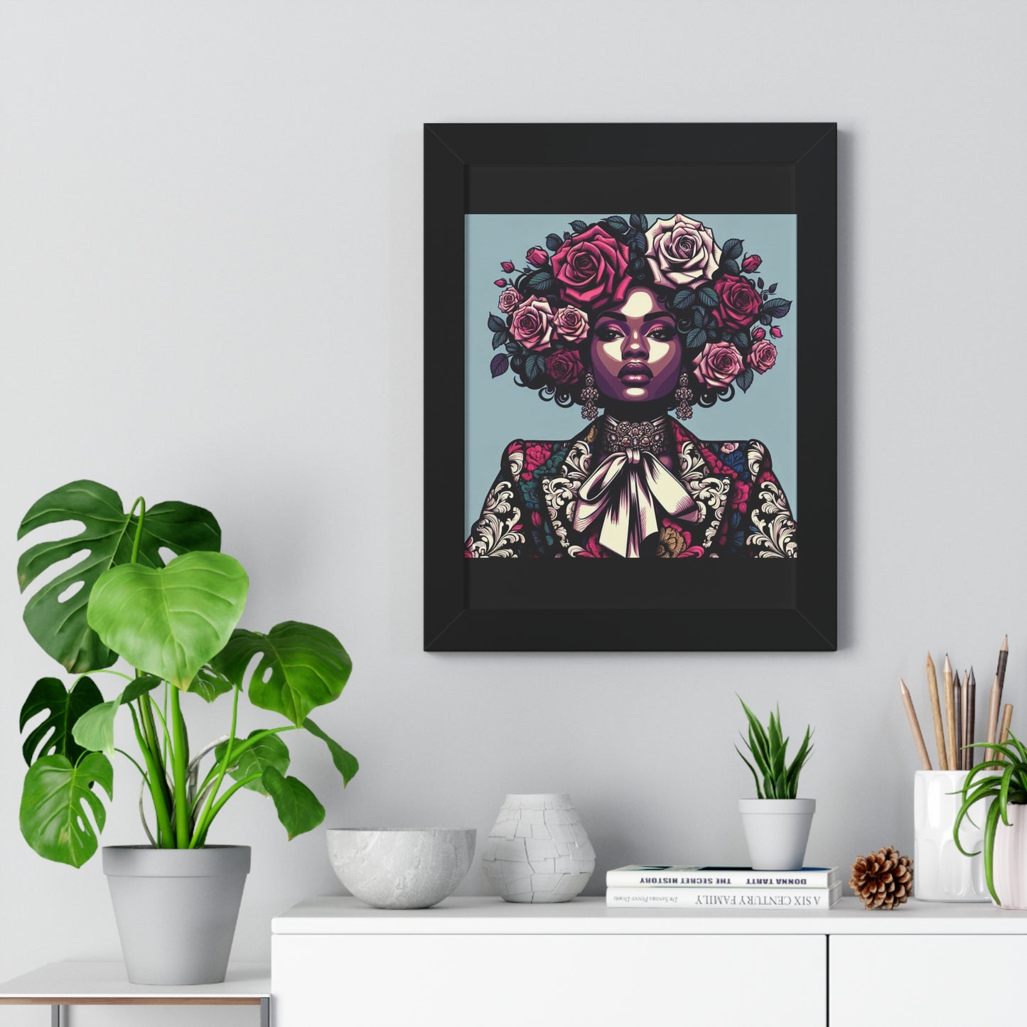 Vertical Poster -  Lady In Damask Suit & Roses Wall Art