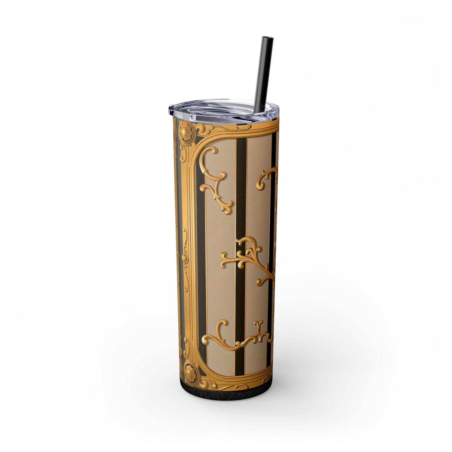 Skinny Tumbler with Straw, 20oz - Beige Striped Gold Rococo
