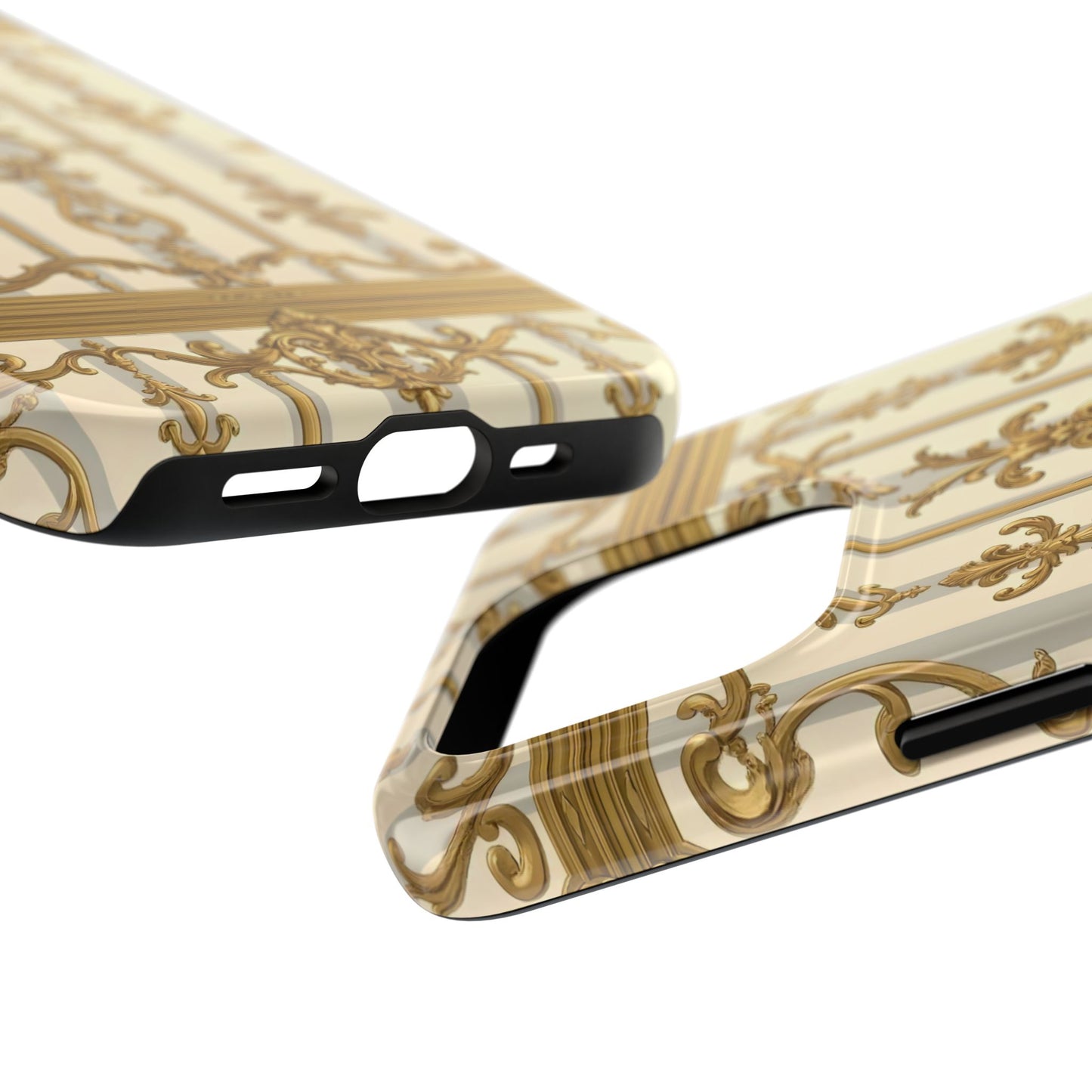 Elegant Gold Pattern Tough Phone Cases | Stylish Phone Covers, Trendy Cell Phone Accessories - Matte Gray & Cream Striped Gold Baroque