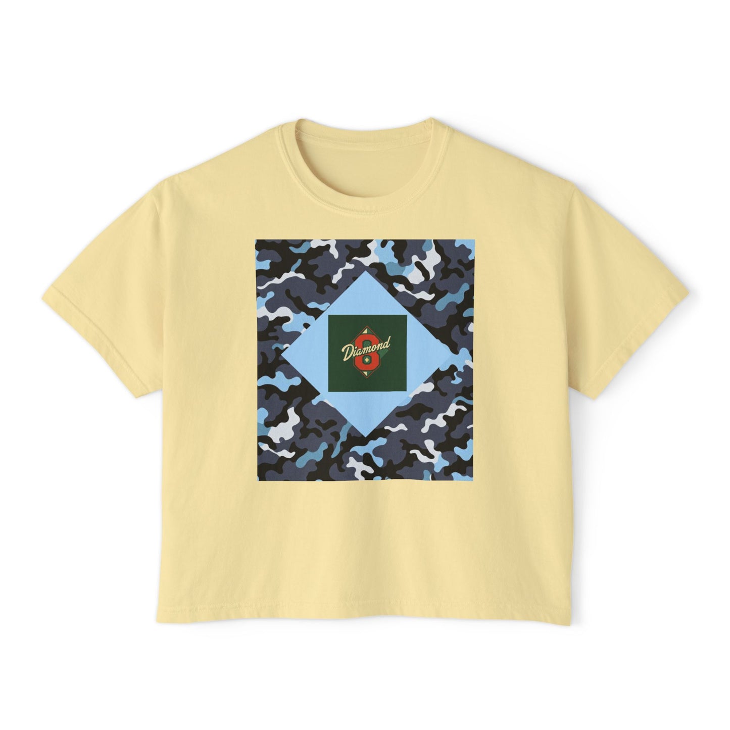Camouflage Women's Boxy Tee, Casual Outfit, Relaxed Style Tee, Everyday Wear, Gift for Her, Comfortable Top - Blue Camo Diamond 8