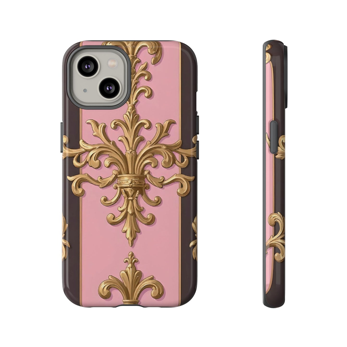 Elegant Floral Motif Phone Case - Tough Cases with Vintage Design - Pink & Brown Striped Gold Damask