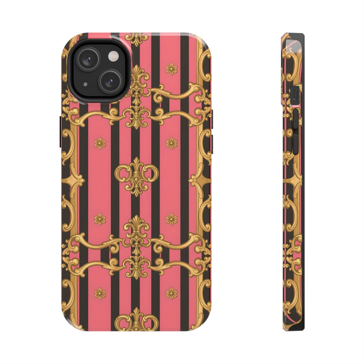 Elegant Baroque Tough Phone Cases, Stylish Protection, Gift for Her, Trendy Accessory - Pink & Black Striped Gold Baroque