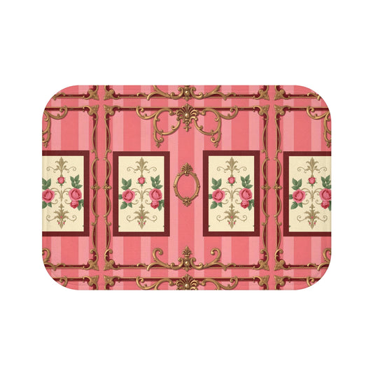 Vintage Floral Bath Mat, Elegant Bathroom Decor, Rose Pattern Mat, Gift for Her - Pink Striped Baroque & Roses