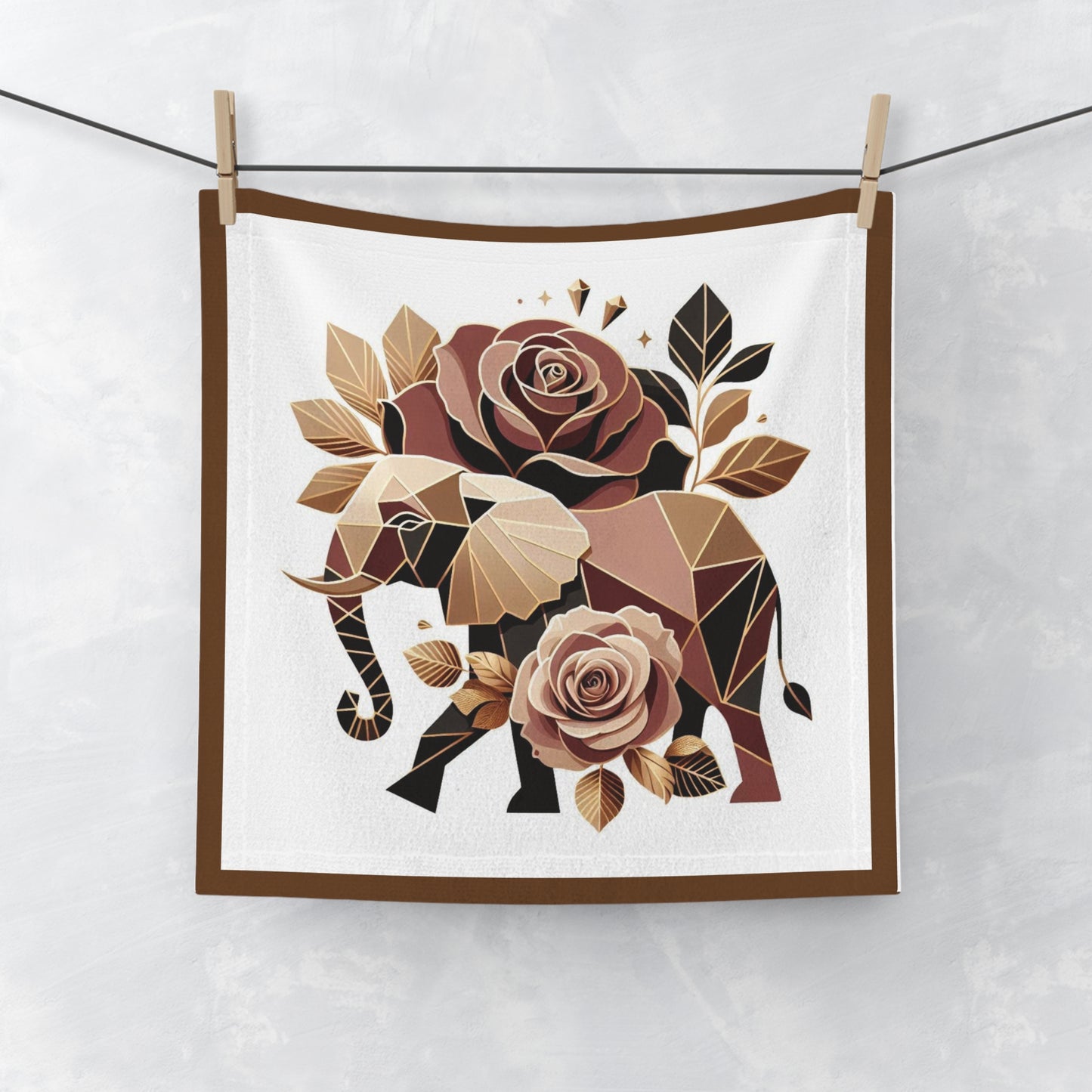 Face Towel - Floral Elephant-Inspired Softness - Brown & Gold Elephant & Roses Design