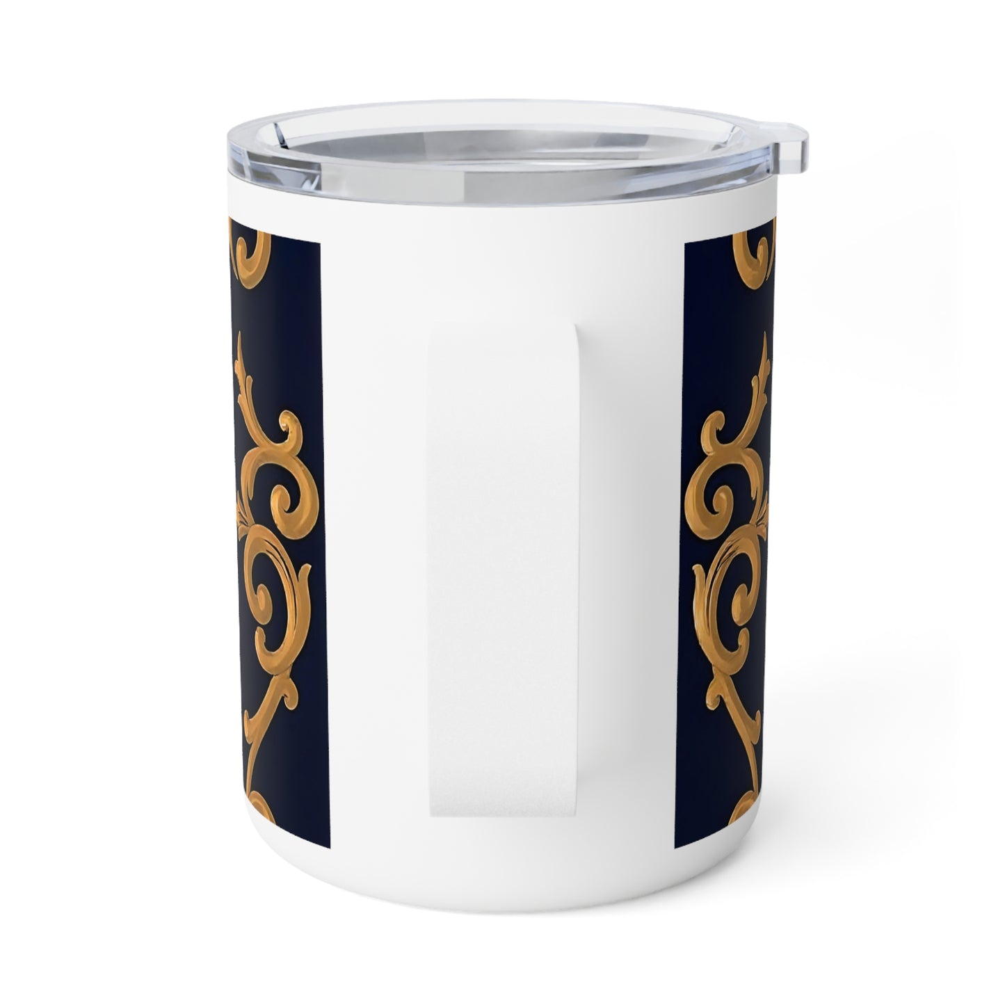 Elegant Insulated Coffee Mug - 10oz, Decorative Travel Mug, Luxe Hot Drink Cup, Stylish Housewarming Gift - Midnight Blue & Dusk Red Gold Baroque