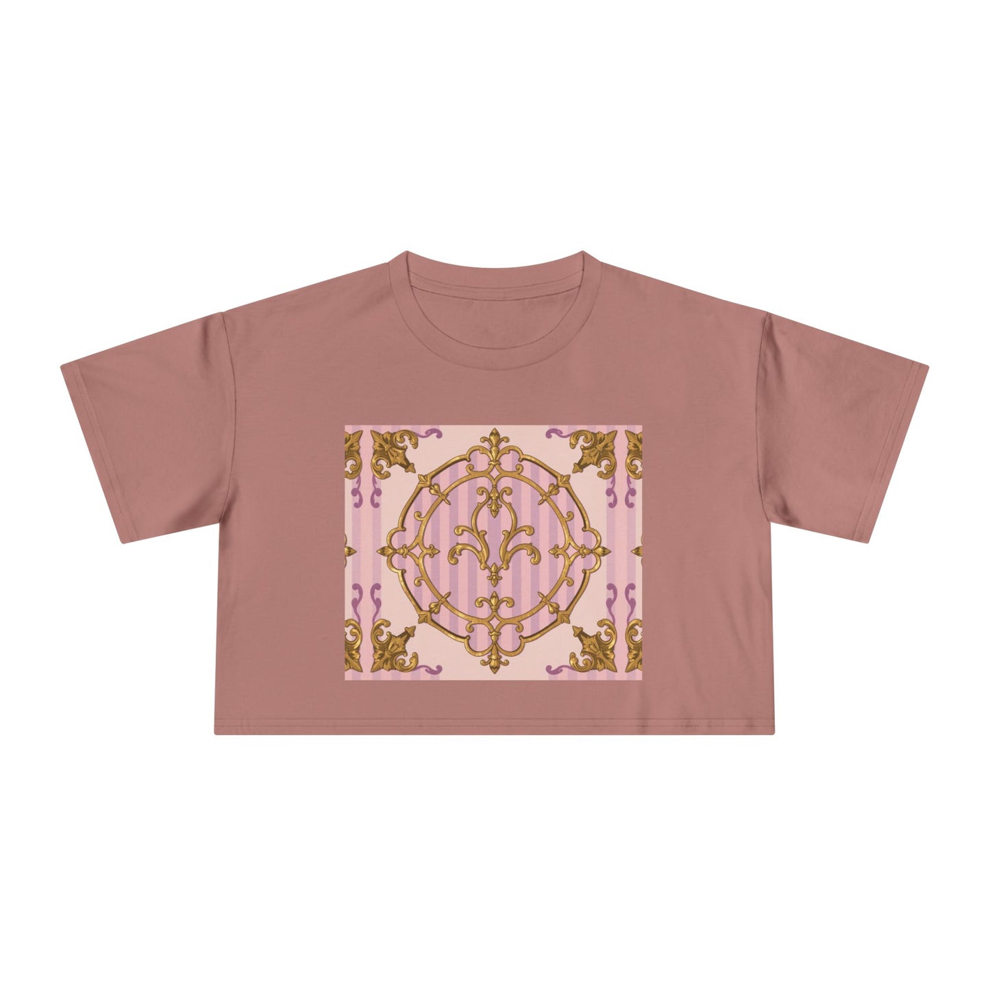 Chic Women's Crop Tee with Elegant Lavender & Alabaster Striped Gold Baroque Print - Perfect for Fashionistas, Festivals, Gifts, Summer Wear
