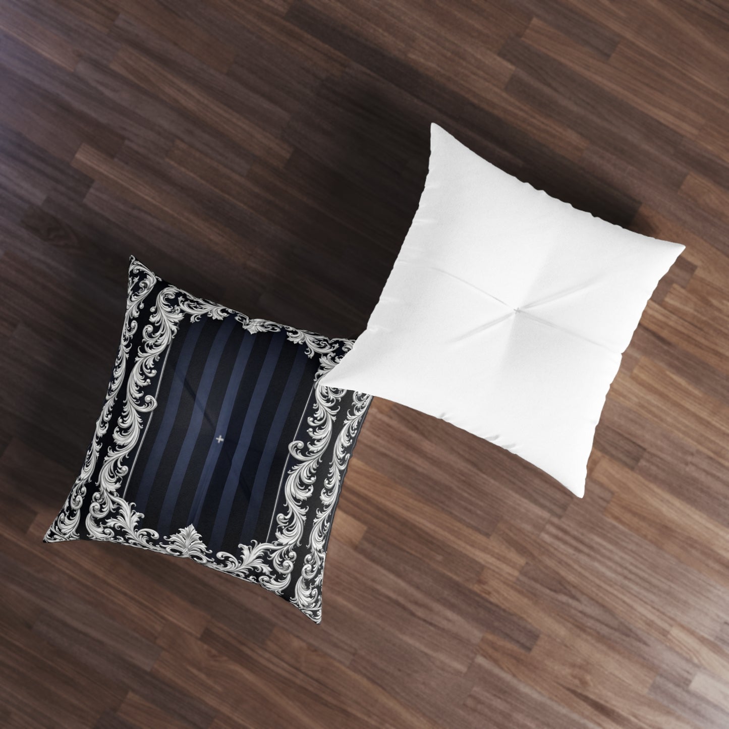 Navy Stripes & Baroque Tufted Floor Pillow — Luxurious Navy & Silver Decorative Cushion