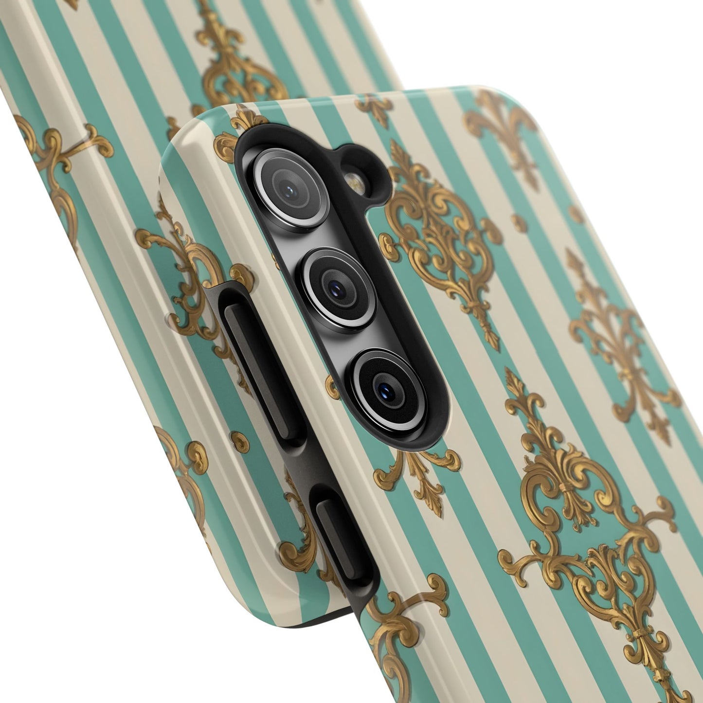 Elegant Striped Phone Case with Vintage Design, Tough Phone Cover, Stylish Smartphone Case - Matte Green Striped Rococo
