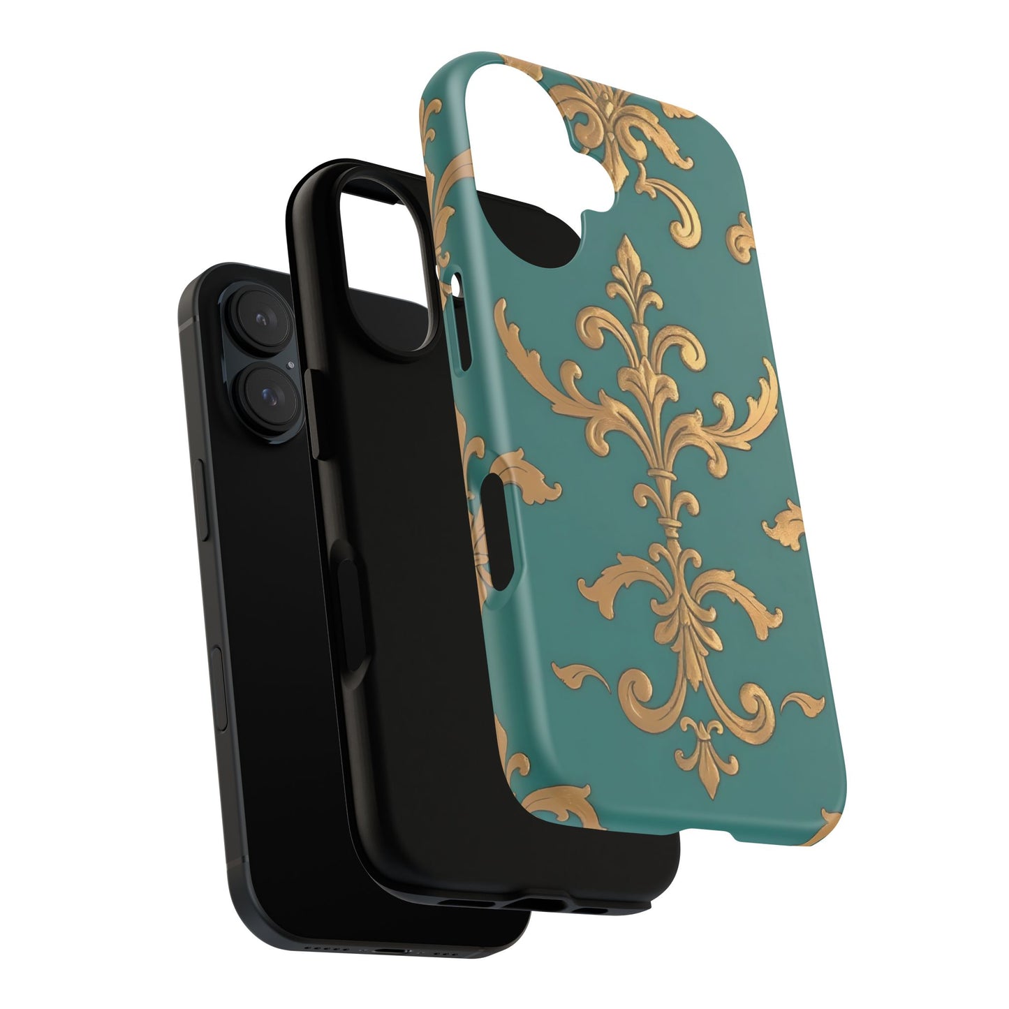 Elegant Floral Motif Phone Case - Tough Cases with Vintage Design - Aqua & Gold Damask