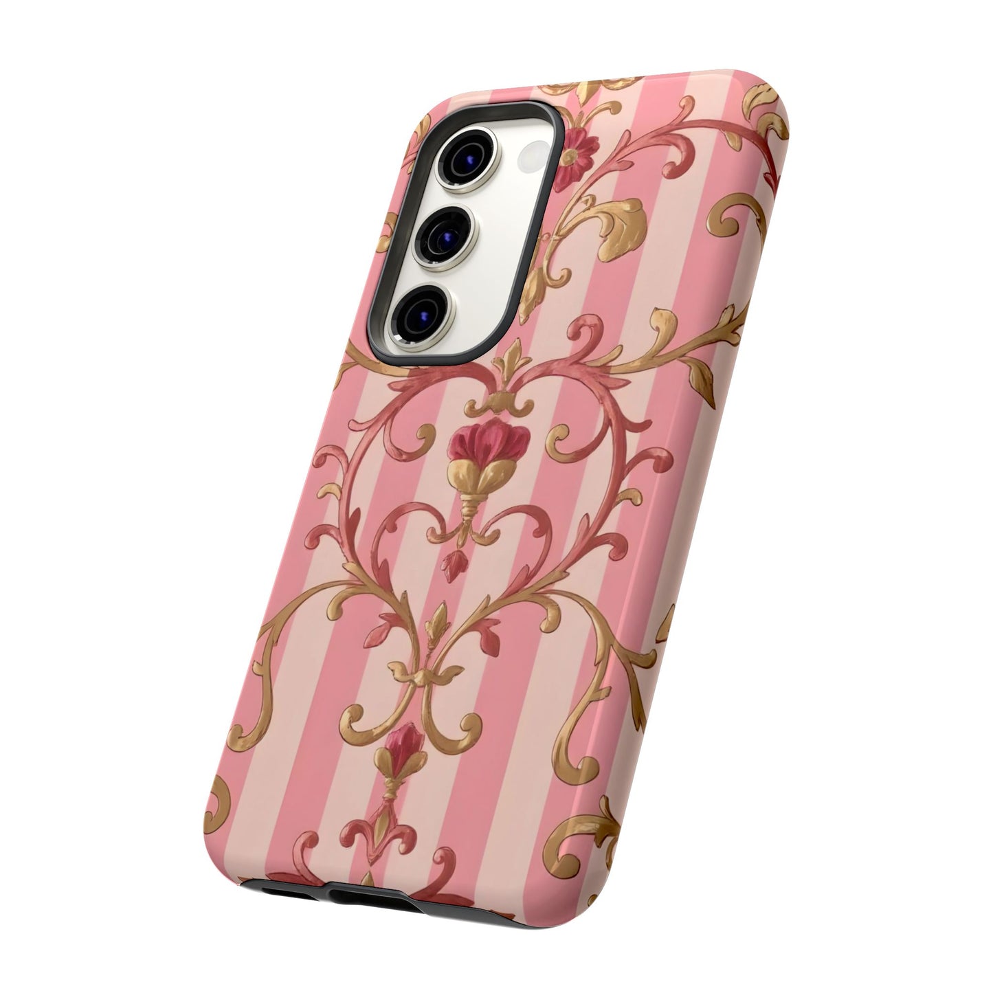 Elegant Floral Motif Phone Case - Tough Cases with Vintage Design - Pink Striped Rose Gold Damask