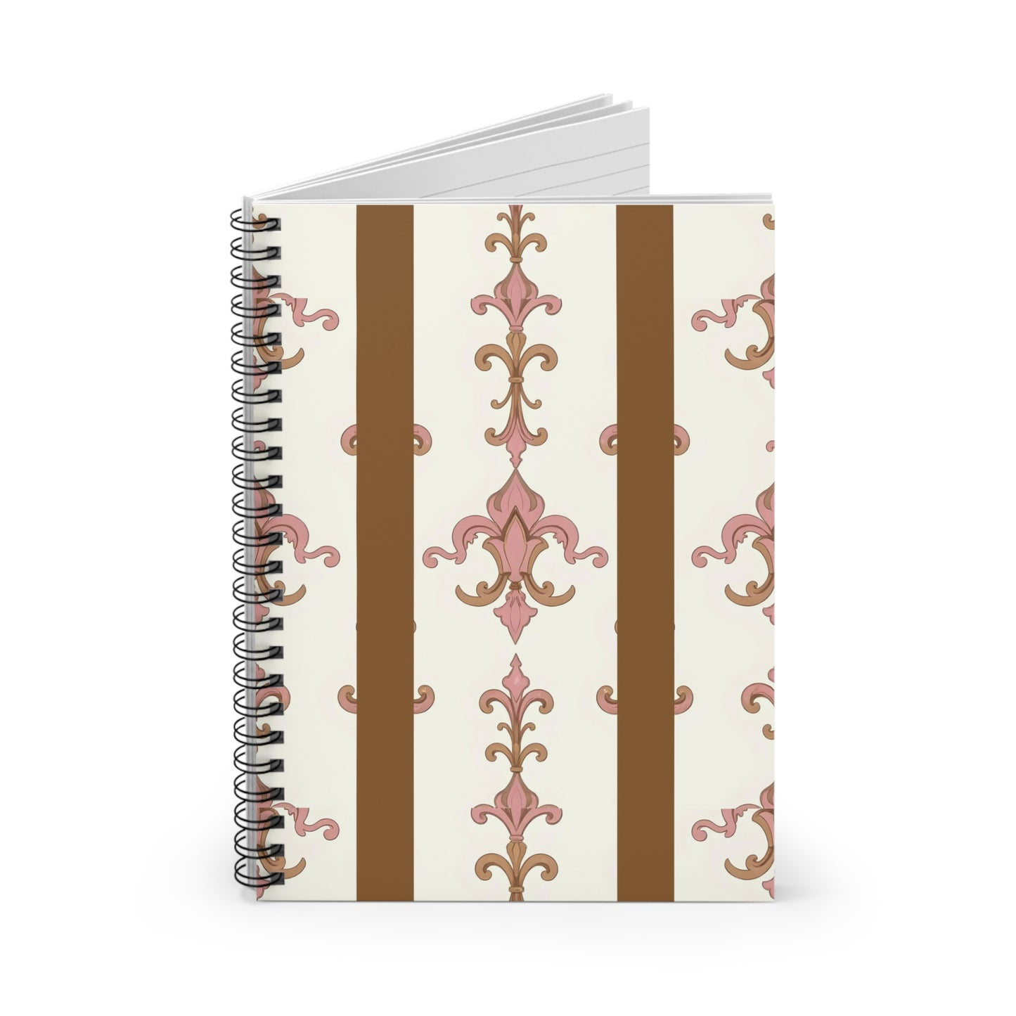 Elegant Floral Spiral Notebook - Ruled Lines, Journaling, Note Taking, Gift, Stationery, School Supplies - Brown Striped Pink Arabesque