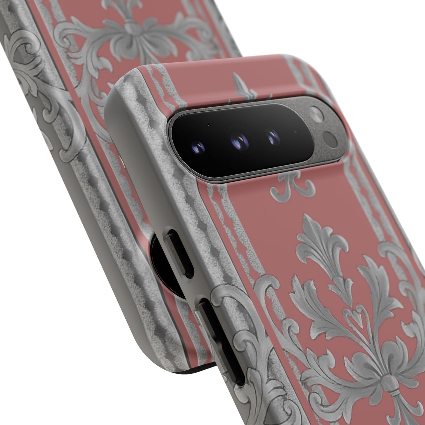 Elegant Floral Phone Case - Tough Cases for Stylish Protection - Gray & Mauve Striped Baroque