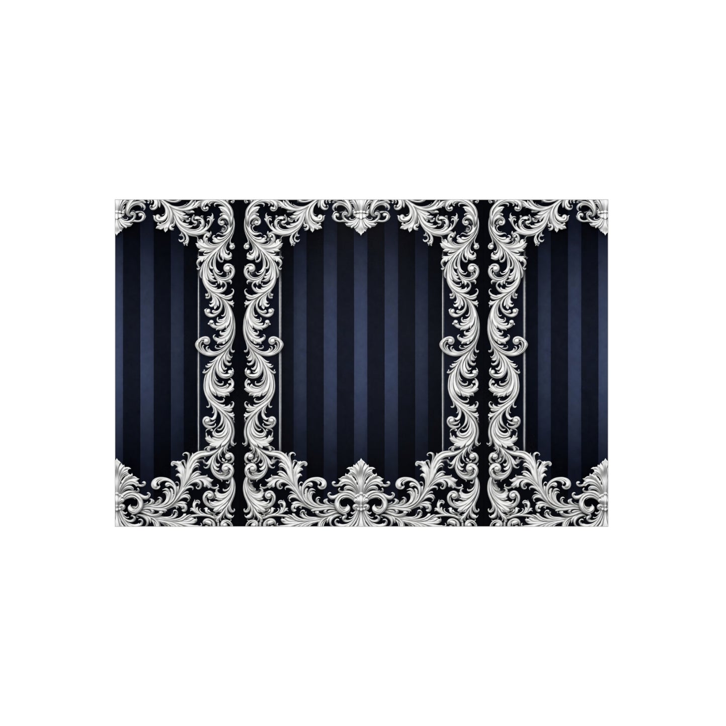 Navy Stripes & Baroque Foam Board Backdrop — Ornate Silver Scroll Panel