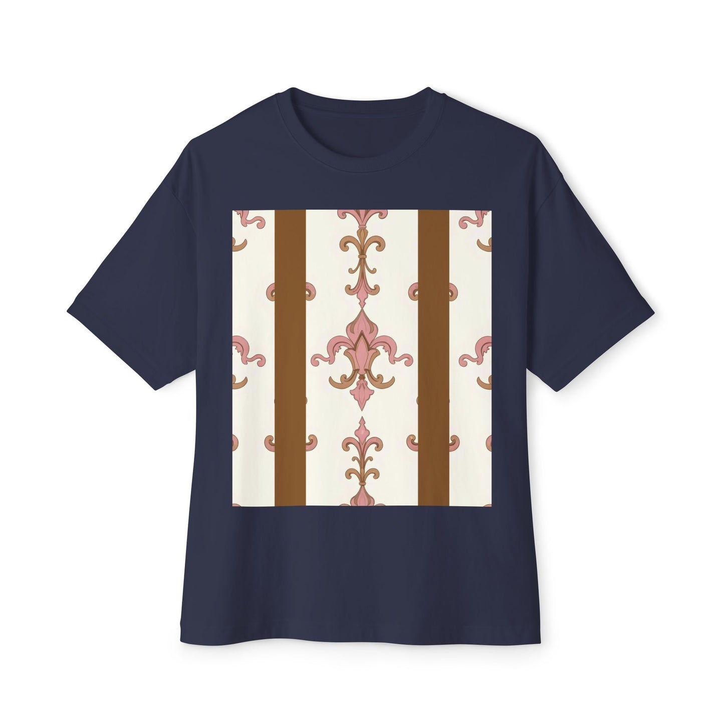Chic Floral Boxy Tee, Oversized Unisex Tee, Casual Style Shirt, Summer Fashion Top, Gift for Trendsetters - Brown Striped Pink Arabesque