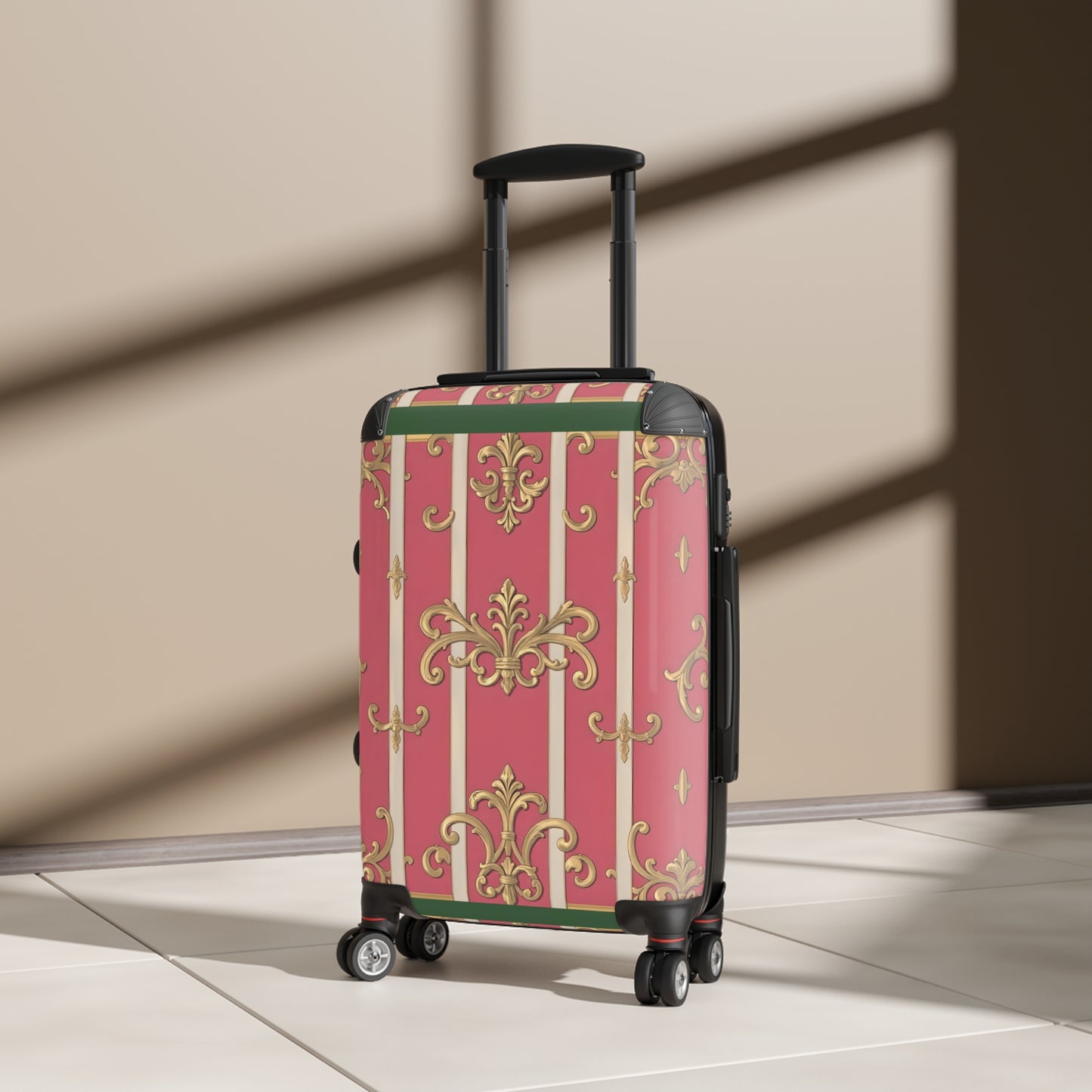 Elegant Green Border Pink Striped Baroque Suitcase for Travelers, Stylish Luggage for Vacations and Getaways, Gift for Adventure Lovers