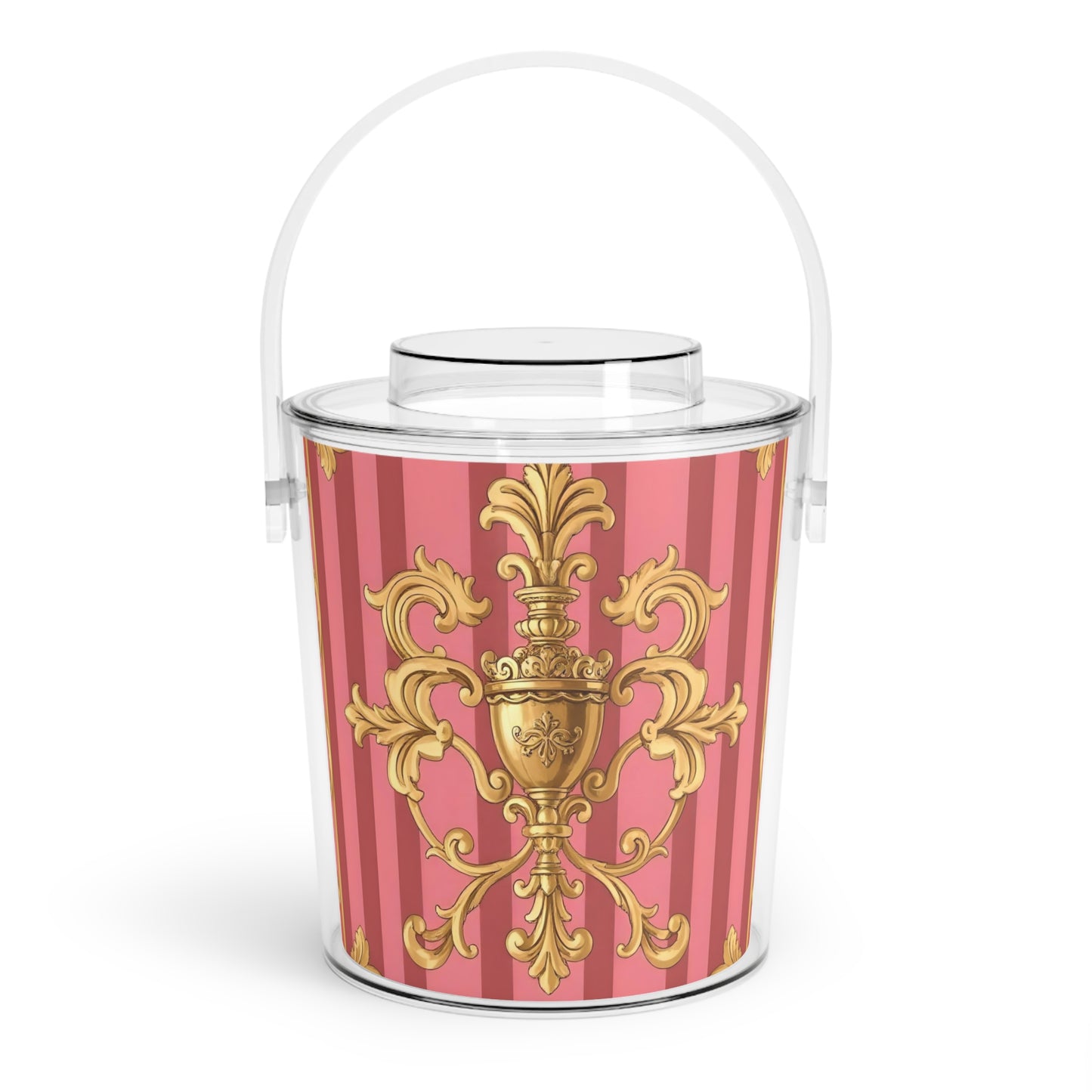 Elegant Pink Decorative Ice Bucket with Tongs | Perfect for Parties, Weddings, and Home Decor - Pink Striped Gold Baroque