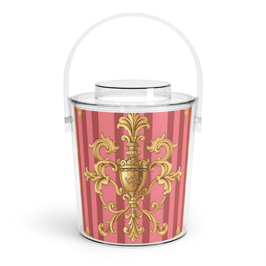 Elegant Pink Decorative Ice Bucket with Tongs | Perfect for Parties, Weddings, and Home Decor - Pink Striped Gold Baroque