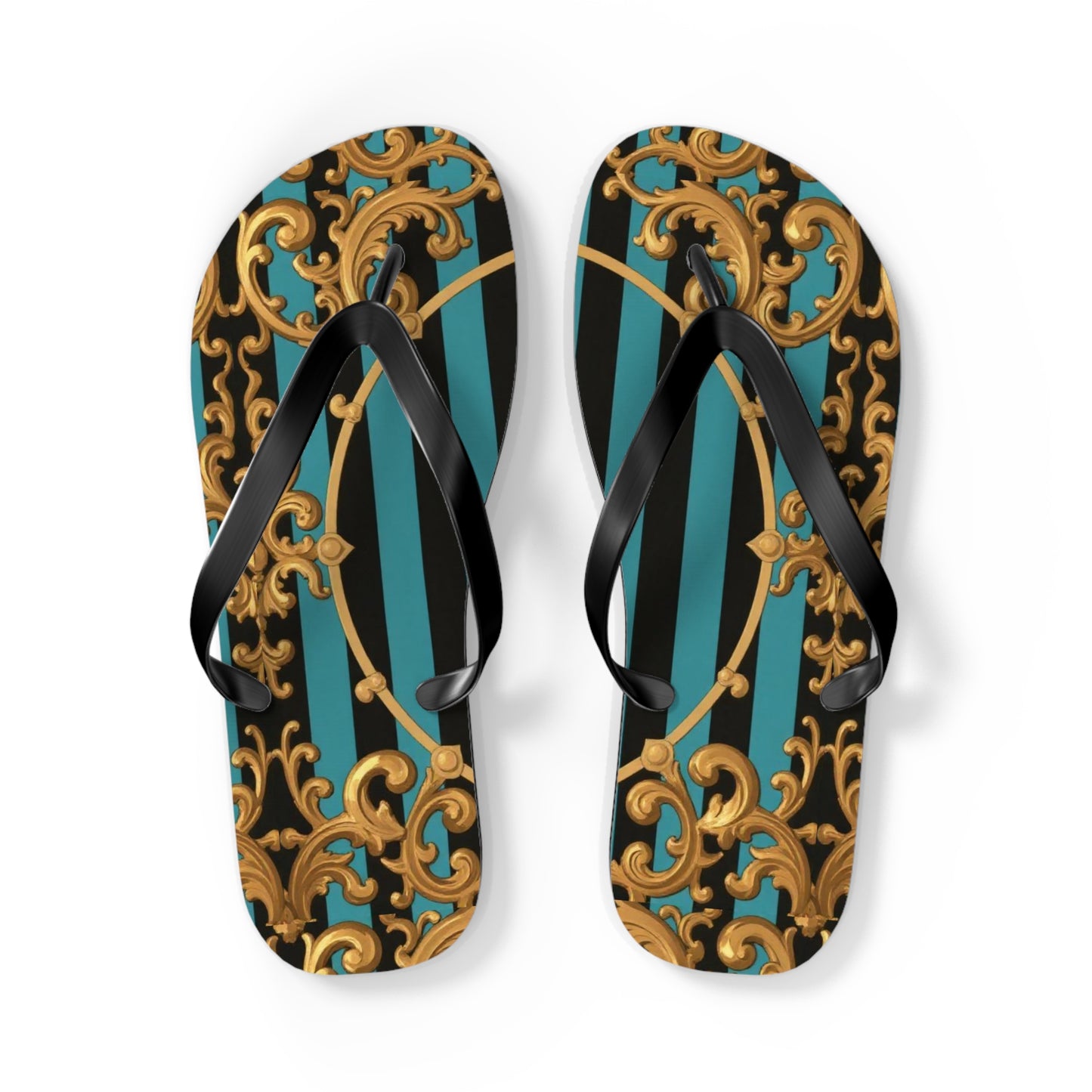 Elegant Turquoise & Black Striped Gold Baroque Patterned Flip Flops for Beach, Summer Vibes, Vacation Essentials, Stylish Footwear