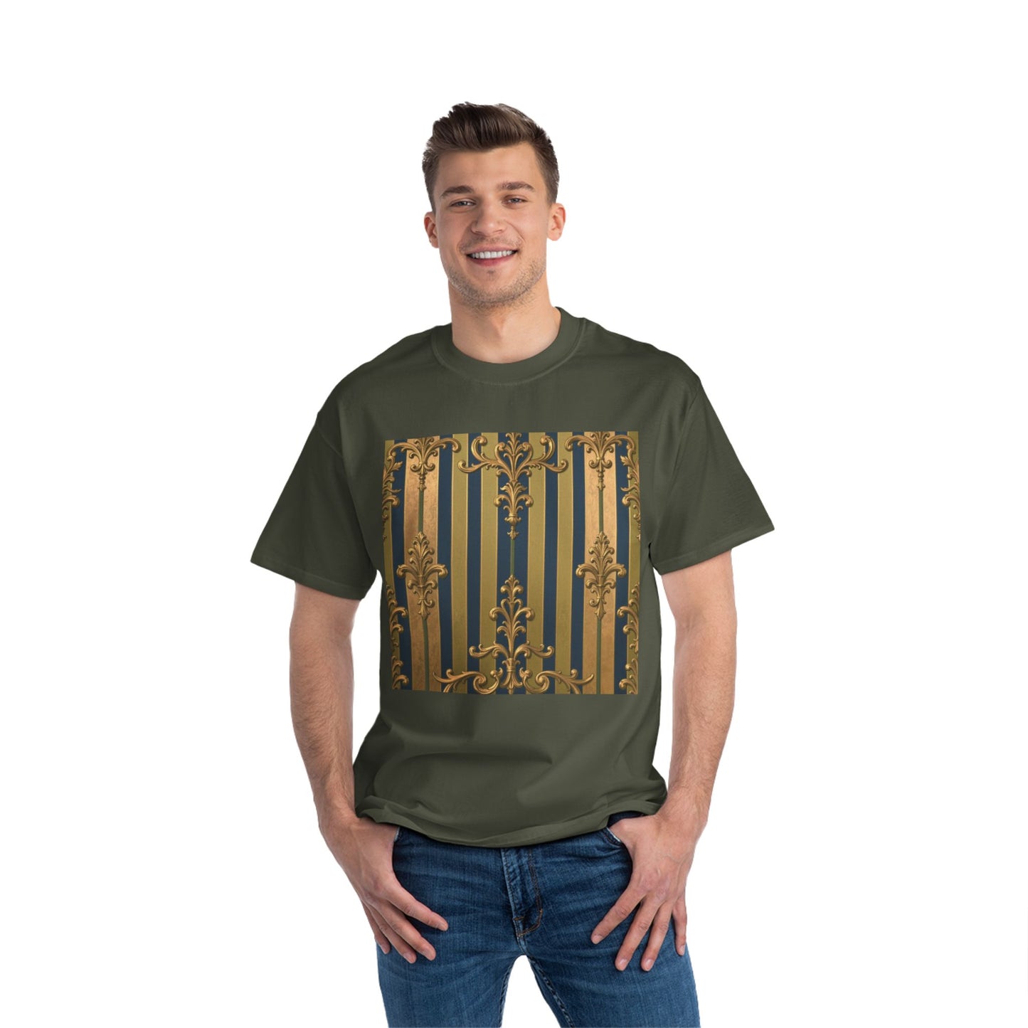 Elegant Midnight Blue & Olive Striped Gold Baroque Short-Sleeve Unisex T-Shirt, Vintage Fashion Tee, Casual Summer Top
