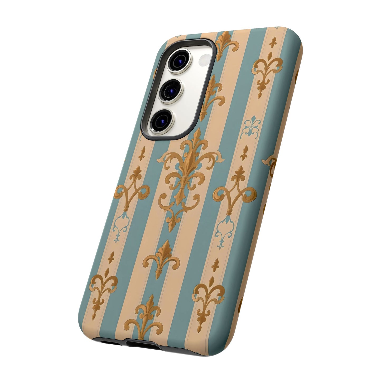 Elegant Floral Motif Phone Case - Tough Cases with Vintage Design -  Beige & Sky Blue Striped Gold Damask