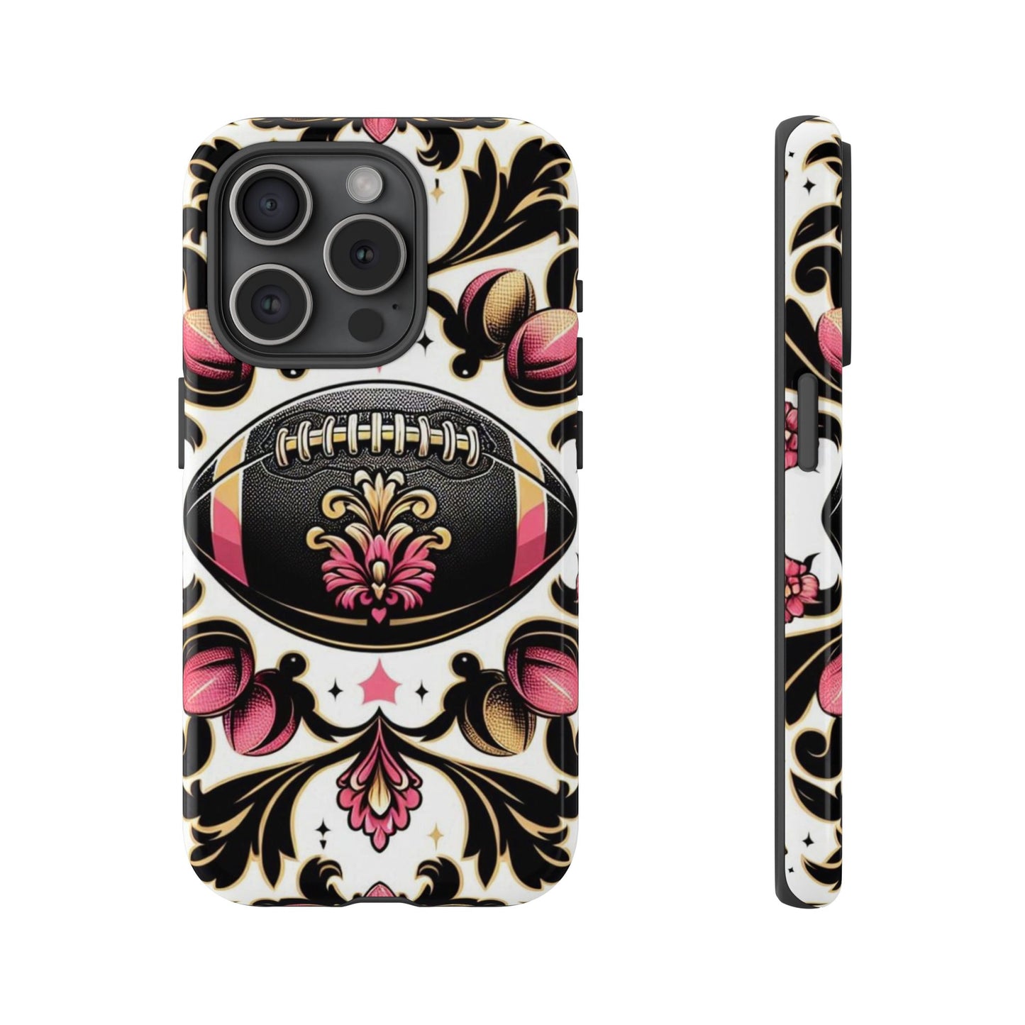 Elegant Floral Motif Phone Case - Tough Cases with Vintage Design - Damask White, Pink Gold & Black Football