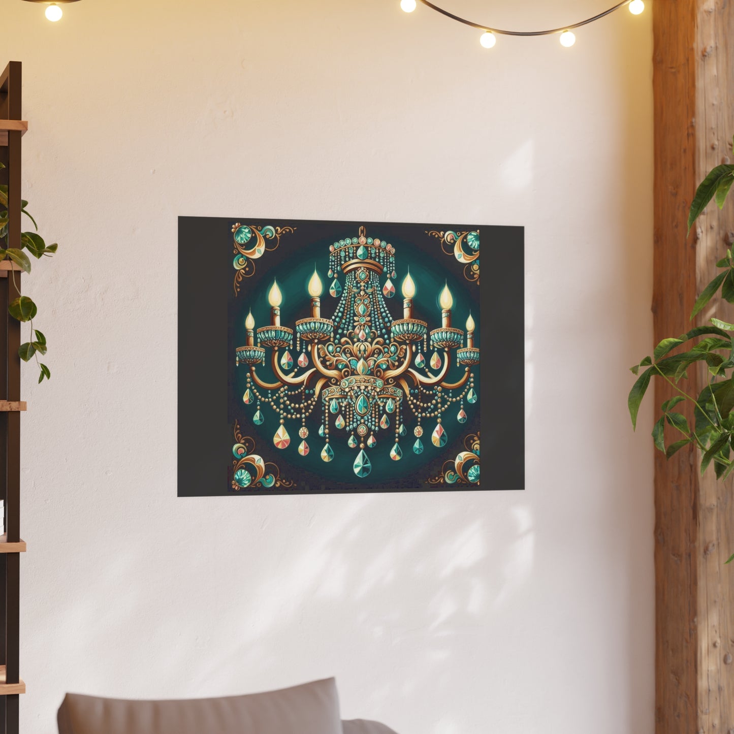 Elegant Chandelier Poster - Luxurious Wall Art for Home Décor - Teal Jeweled Chandelier