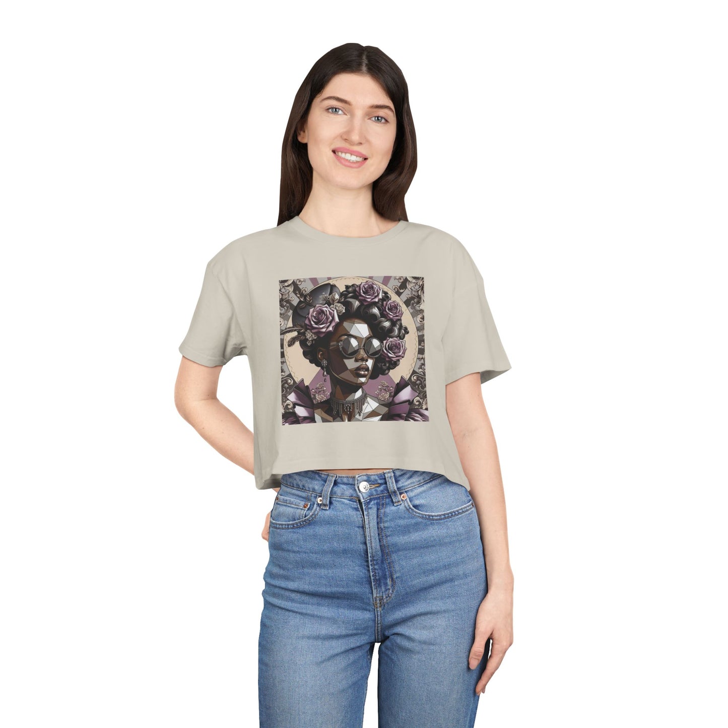 Poly Art Chic Women's Crop Tee - Floral Art Inspired Shirt, Casual Summer Wear, Festival Top, Vintage Style - Lilac Baroque Lady