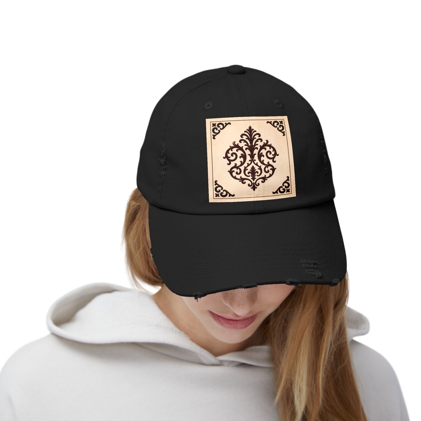 Almond-Beige & Brown Baroque Distressed Cap with Vintage Baroque Patch