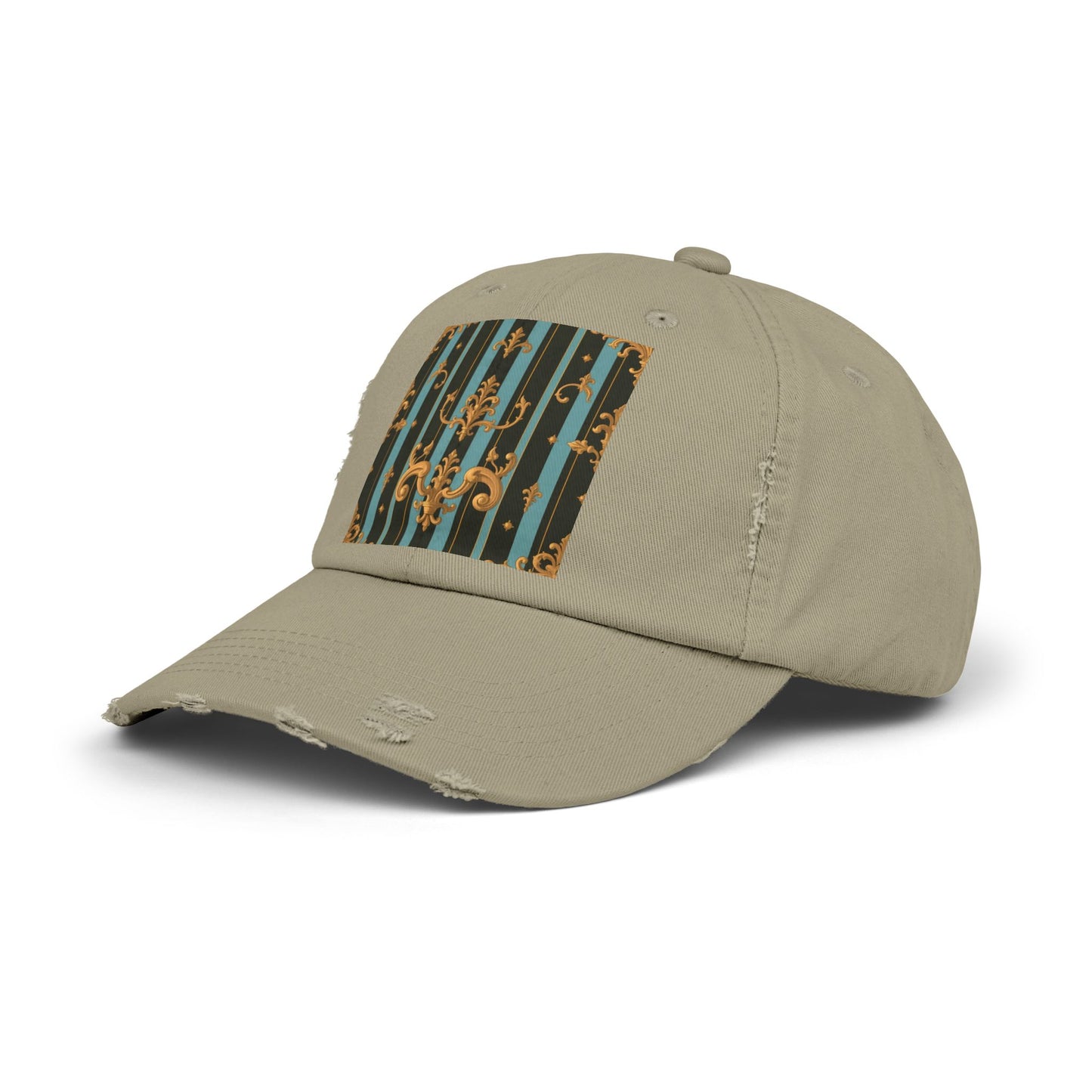 Vintage-Inspired Unisex Distressed Cap with Elegant Stripes and Ornate Design, Casual Hat for Fashion Lovers - Black & Turquoise Striped Baroque