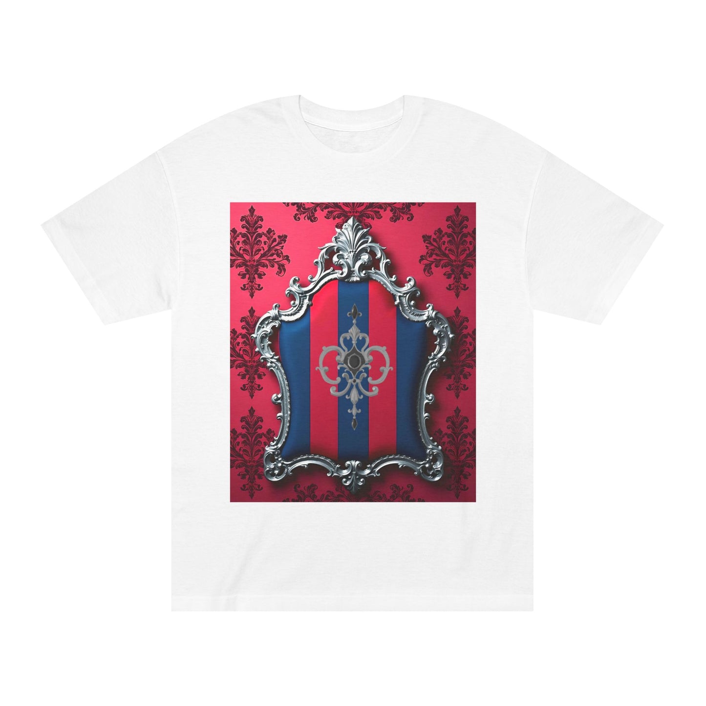 Vintage Couture Shield Unisex Classic Tee, Fashion T-Shirt, Gift for Fashion Lovers, Casual Wear, Unique Graphic Shirt - Blue & Red Striped Silver Crest