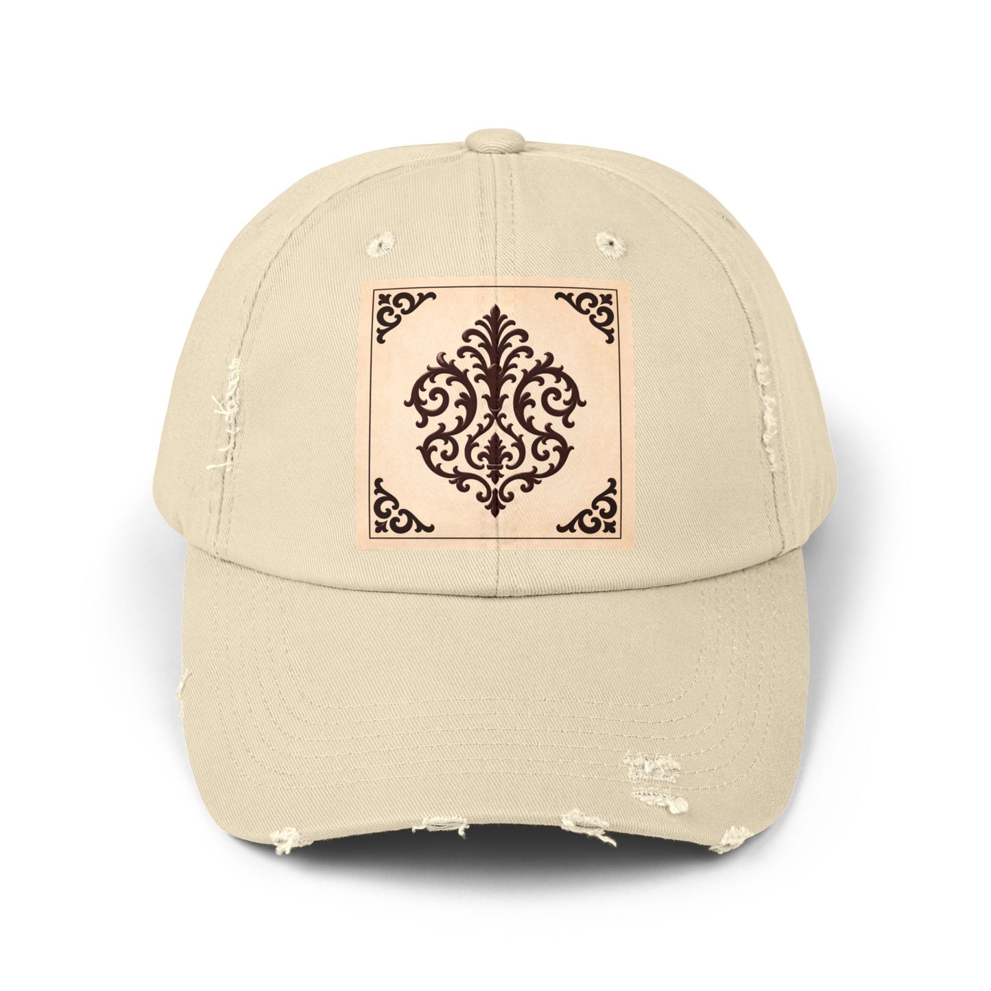 Almond-Beige & Brown Baroque Distressed Cap with Vintage Baroque Patch