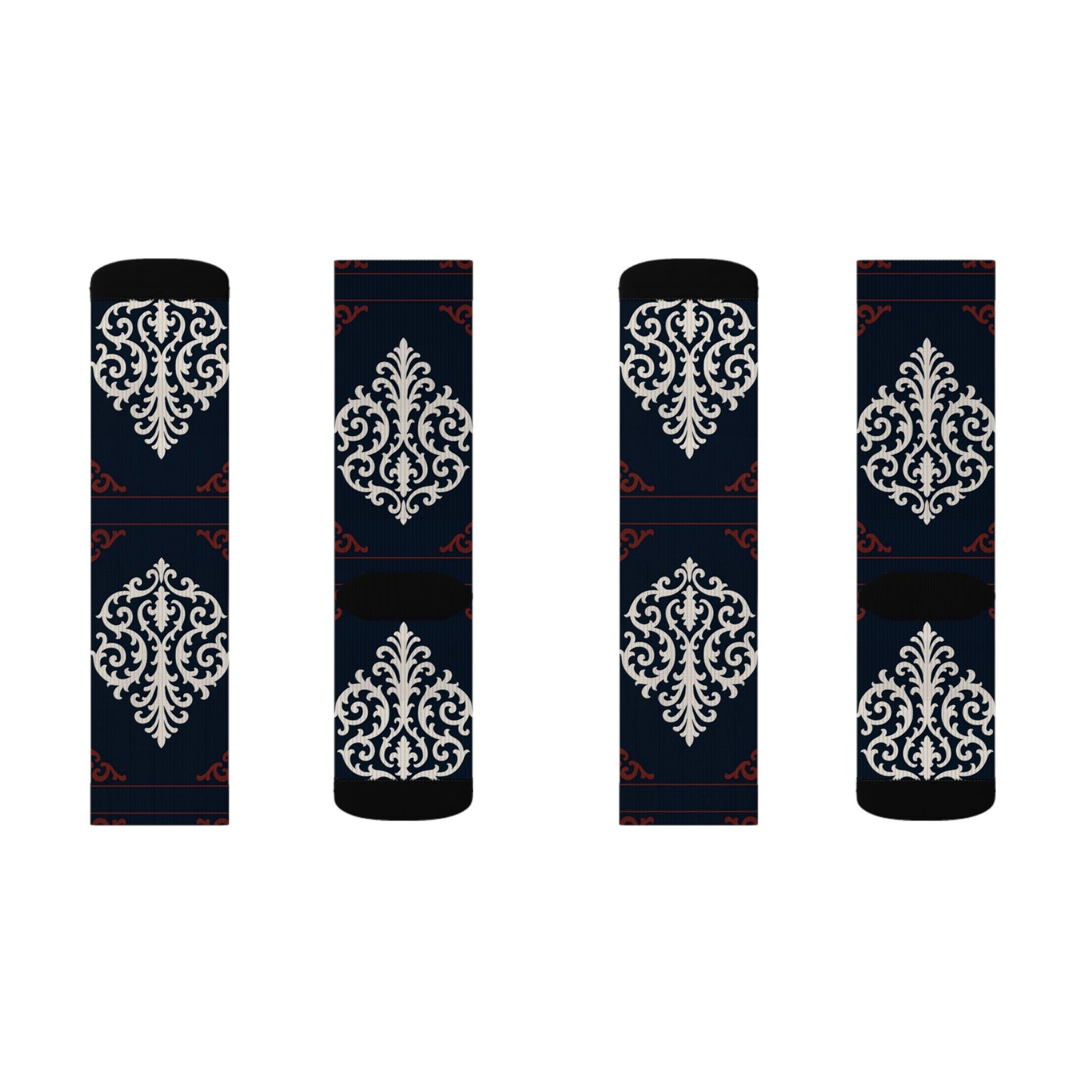 Dusk Blue-Maroon & White Baroque Pattern Sublimation Socks — Dusk Blue & White Ornate Crew Socks