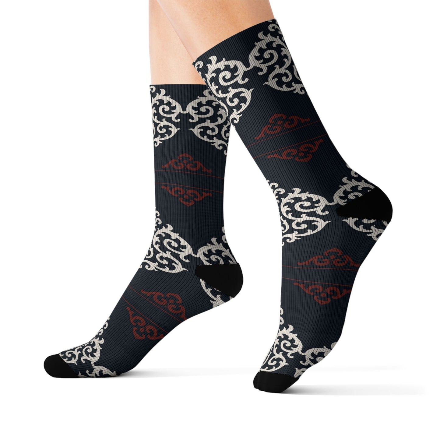 Dusk Blue-Maroon & White Baroque Pattern Sublimation Socks — Dusk Blue & White Ornate Crew Socks